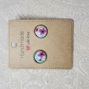 Floral feminine earrings,handmade 12mm stud pink blue green